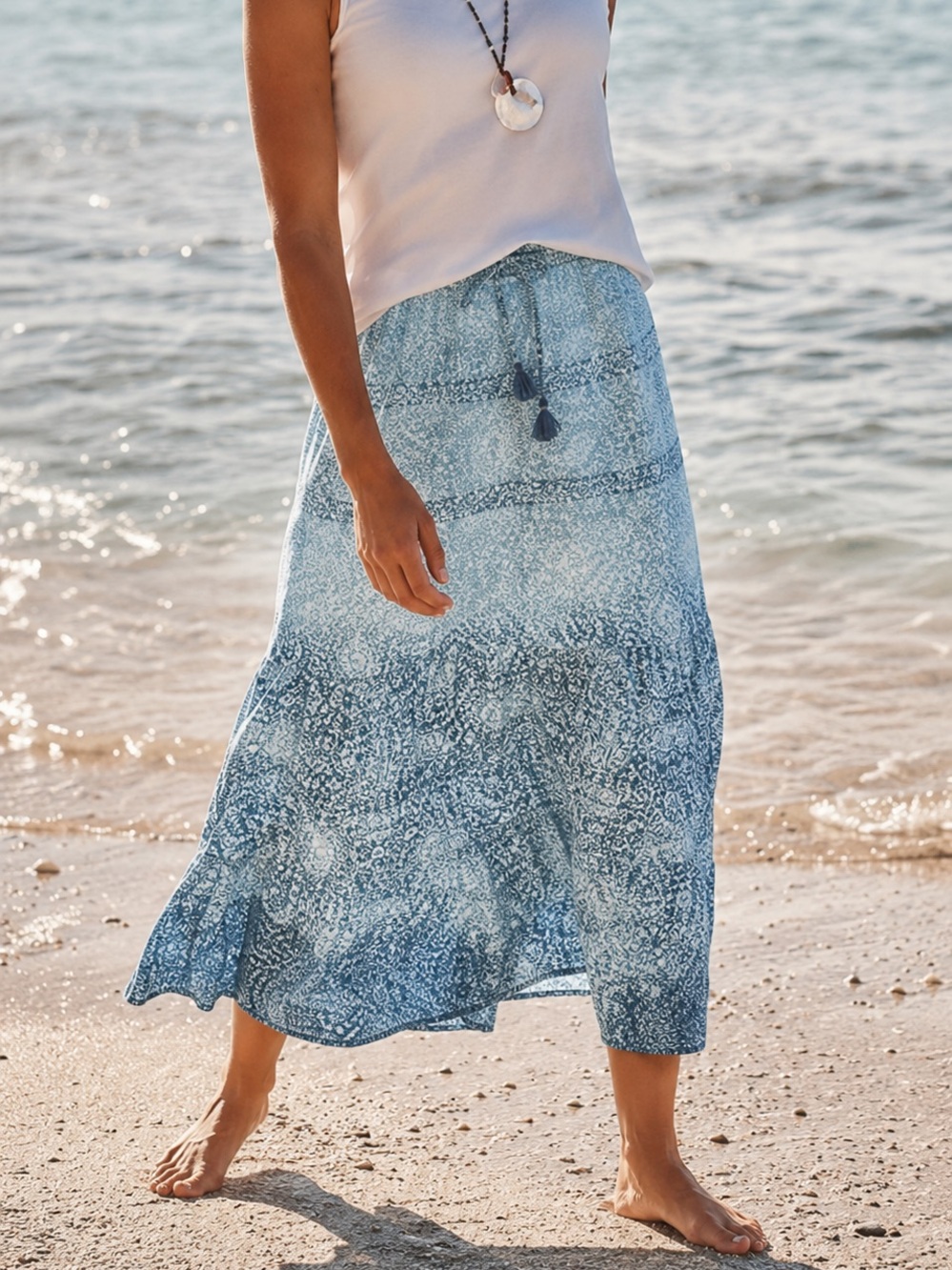 J. Jill Denim / Chambray Tiered Midi Length Skirt Boho Paisley Blue White Small
